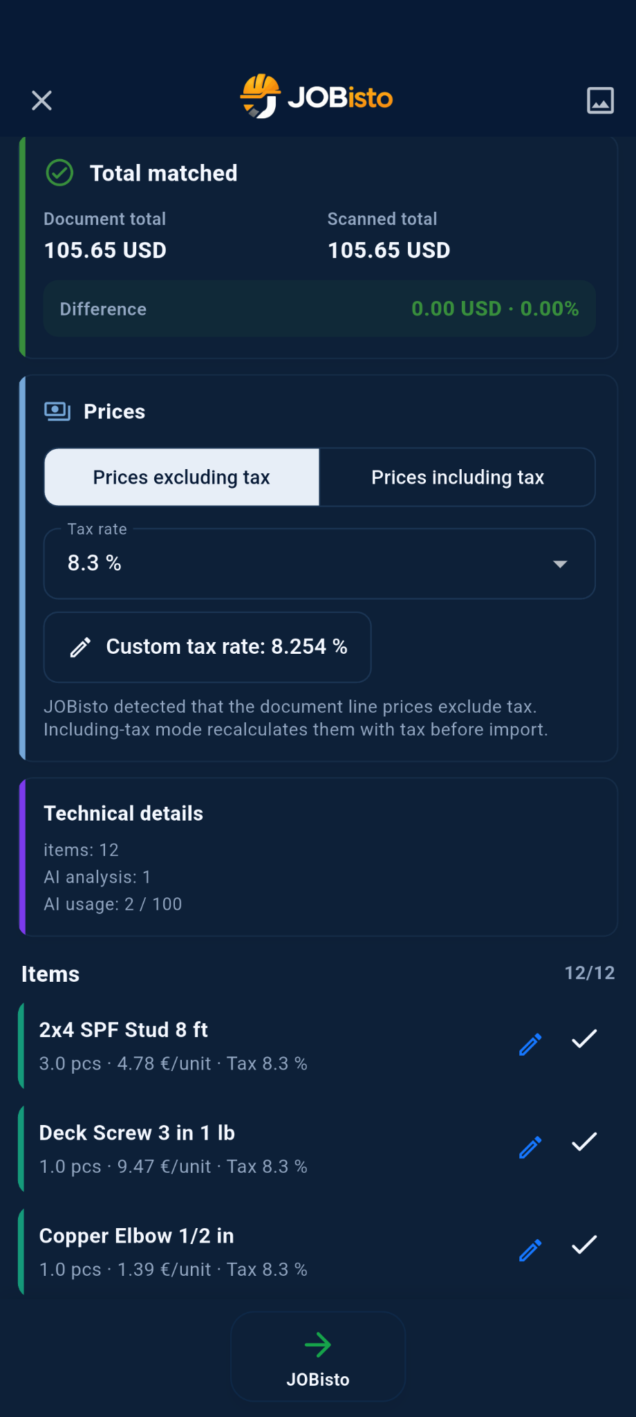 JOBisto AI document analysis result
