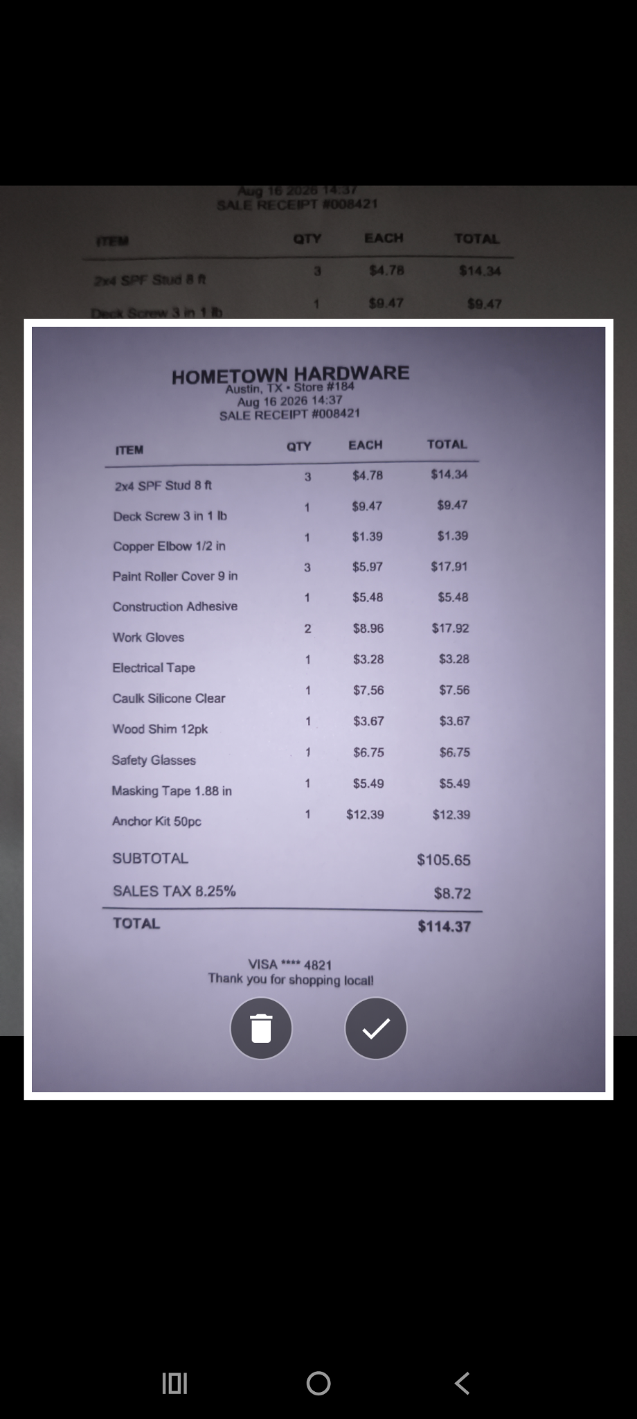 Receipt captured in JOBisto